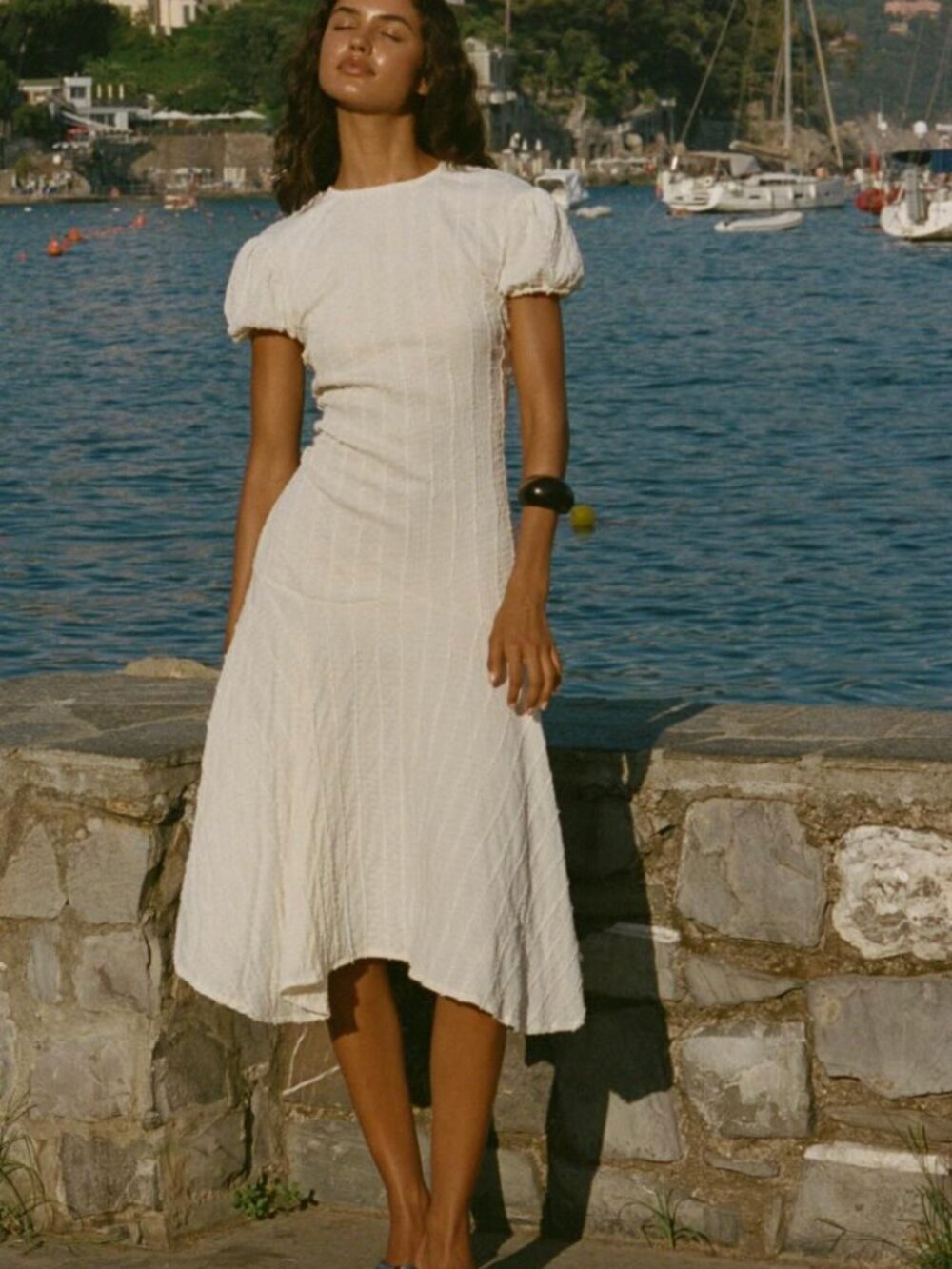 With Jean White Asymmetrical Puff Sleeve Midi Dress